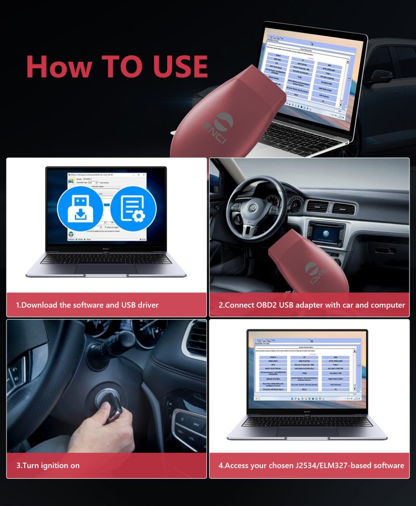 The VNCI J2534 nano diagnostic tool is compatible with most J2534 software and ELM327 software